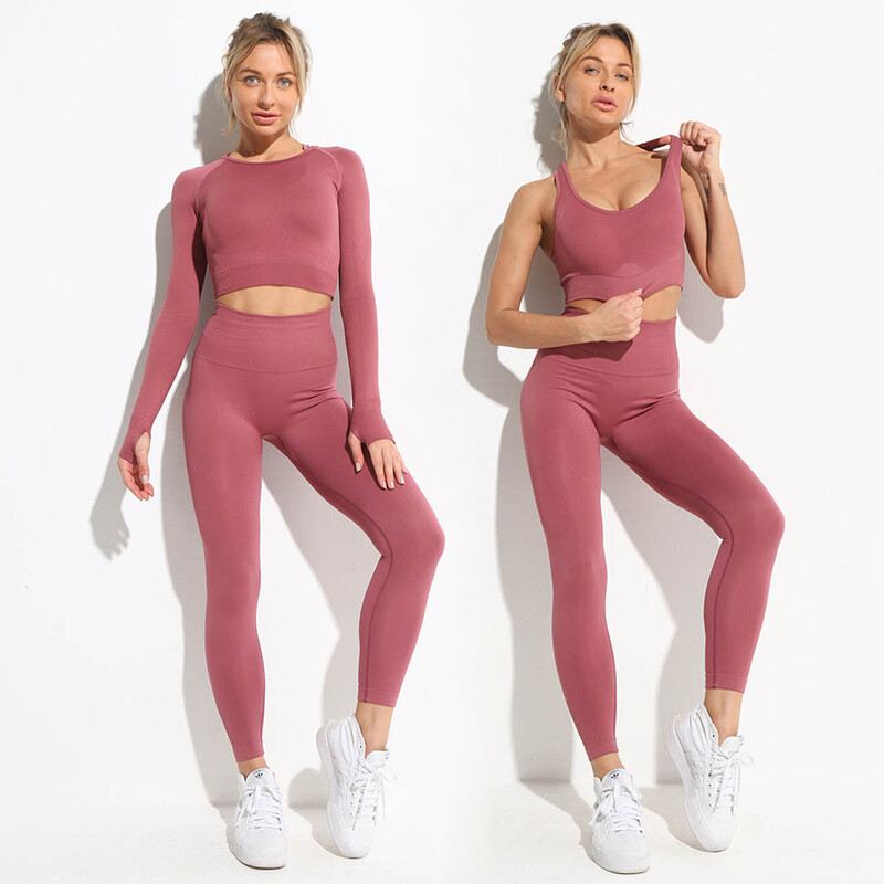 Energy Seamless Jogas Komplekts Sporta Apģērbs Sievietēm Trenažieru Zāle Apģērbs Fitnesa Garām piedurknēm Crop Tops Augstas jostasvietas Legingi Skriešanas Sporta Apģērbs