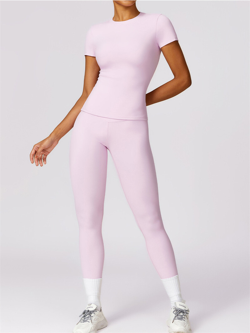 Bezšuvju Jogas Komplekts Sieviešu rozā Tops ar īsām piedurknēm ar Legingiem ar augstu vidukli Divdaļīgs Treniņa apģērbs