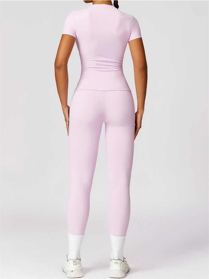 Bezšuvju Jogas Komplekts Sieviešu rozā Tops ar īsām piedurknēm ar Legingiem ar augstu vidukli Divdaļīgs Treniņa apģērbs