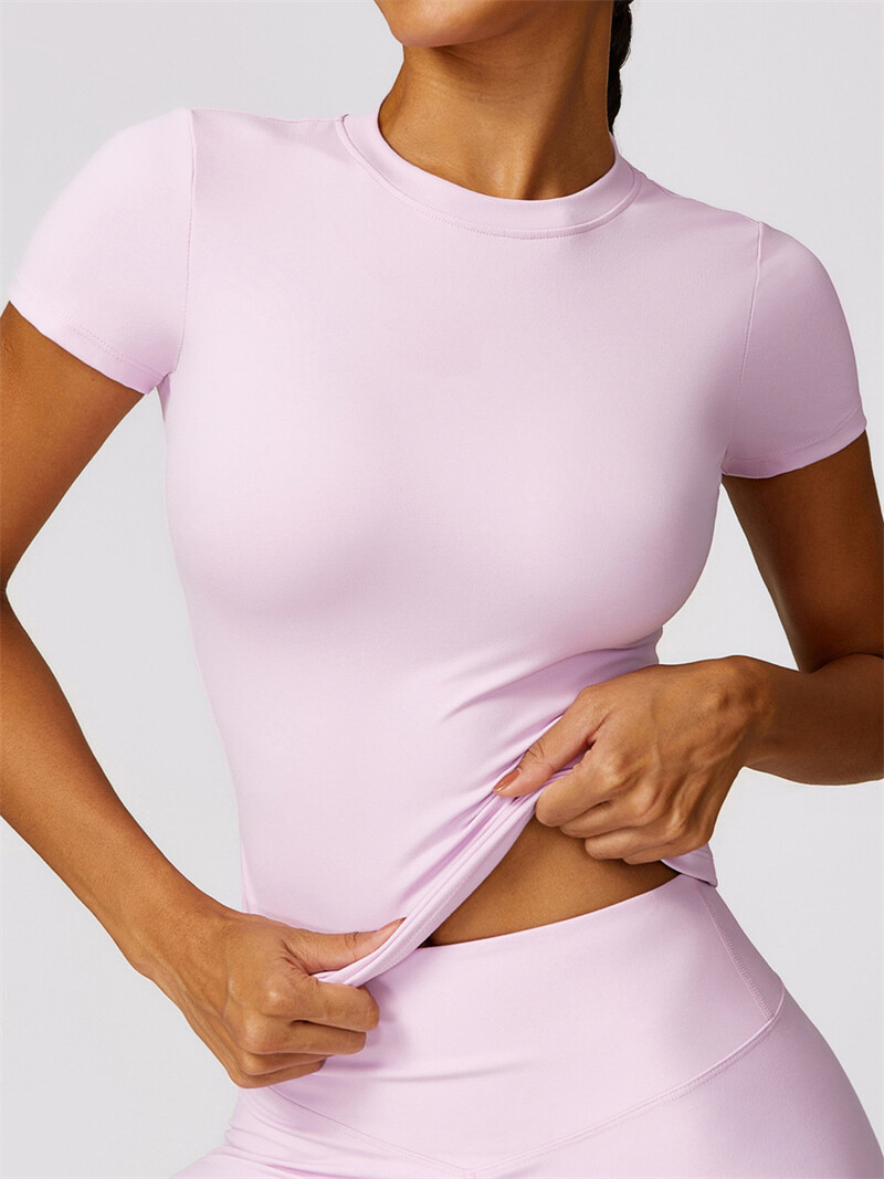 Bezšuvju Jogas Komplekts Sieviešu rozā Tops ar īsām piedurknēm ar Legingiem ar augstu vidukli Divdaļīgs Treniņa apģērbs