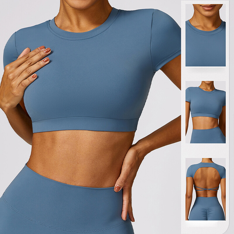 Sporta īsie krekli bez aizmugures Sieviešu sporta zāle Sieviešu fitness Sexy Crop Top Ātri žūstošs jogas apģērbs