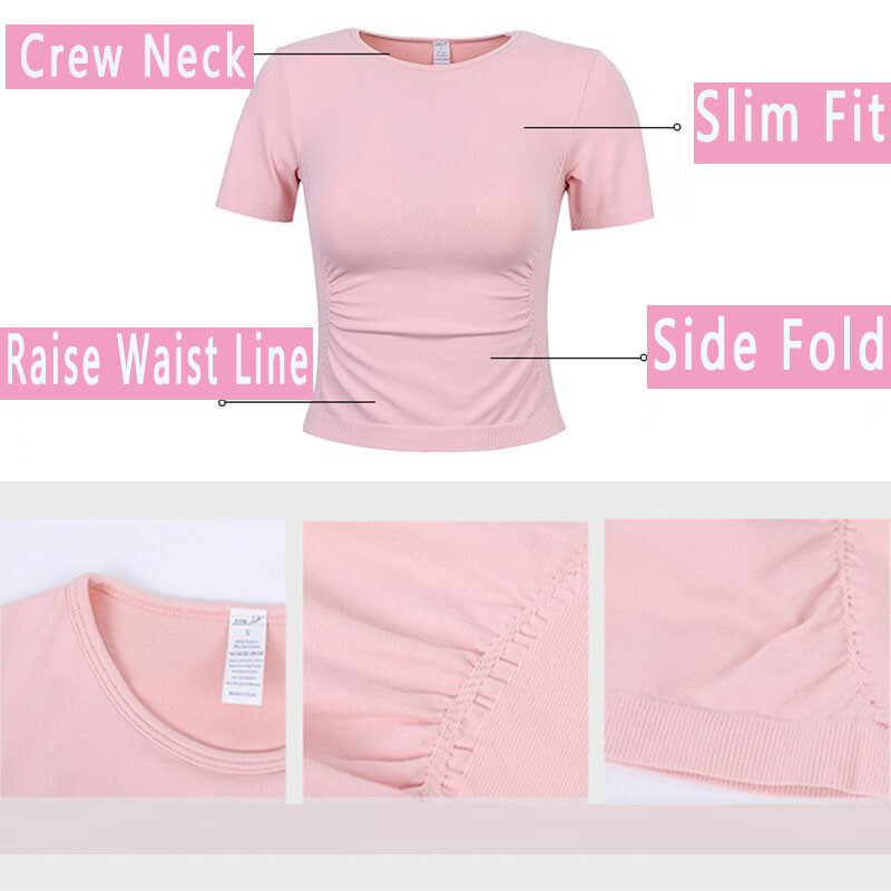 PofyBofy Crew Neck Kaklo šoniniai liekninamieji trumpomis rankovėmis besiūliai jogos treniruotės Sporto salės marškinėliai Tenisas Golfas Crop Tops Sportinė apranga