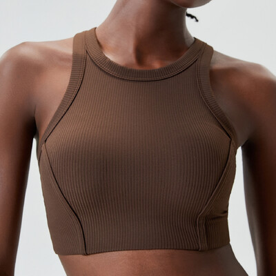 Visokoutjecajni fitnes joga grudnjak Super rastezljivi okrugli izrez Gym Crop Top rebrasta tkanina Prsluk za trčanje bez rukava Ženska sportska odjeća