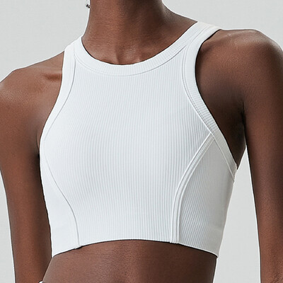 Visokoutjecajni fitnes joga grudnjak Super rastezljivi okrugli izrez Gym Crop Top rebrasta tkanina Prsluk za trčanje bez rukava Ženska sportska odjeća