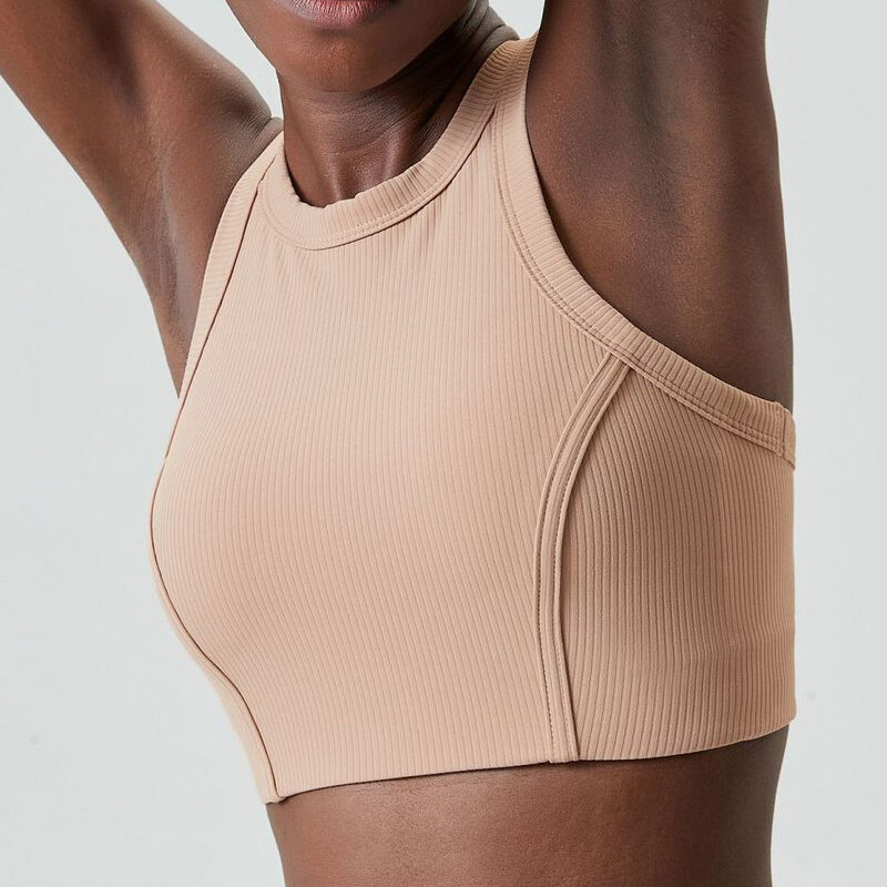 Visokoutjecajni fitnes joga grudnjak Super rastezljivi okrugli izrez Gym Crop Top rebrasta tkanina Prsluk za trčanje bez rukava Ženska sportska odjeća