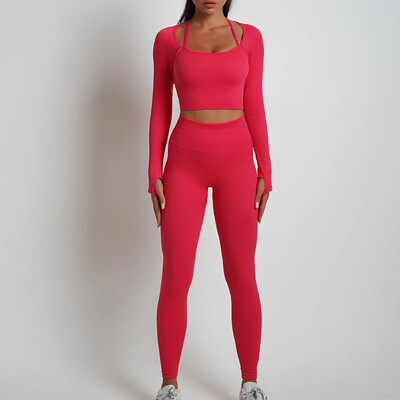 2\5KOM Bešavni kompleti za jogu Sport Fitness Hlače s visokim strukom Kratke hlače s dugim rukavima Odijela Ženske tajice za vježbanje u teretani