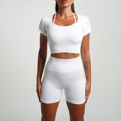 2\5KOM Bešavni kompleti za jogu Sport Fitness Hlače s visokim strukom Kratke hlače s dugim rukavima Odijela Ženske tajice za vježbanje u teretani