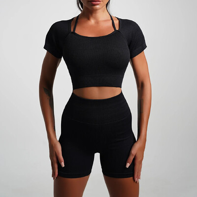 2\5KOM Bešavni kompleti za jogu Sport Fitness Hlače s visokim strukom Kratke hlače s dugim rukavima Odijela Ženske tajice za vježbanje u teretani