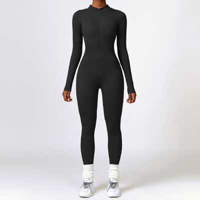 Rib Yoga Jumpsuits One Piece Γυναικεία αθλητική φόρμα Yoga Σετ προπόνησης με μακρυμάνικο φερμουάρ Sportswear Γυμναστήριο σετ γυμναστικής Γυναικεία ρούχα