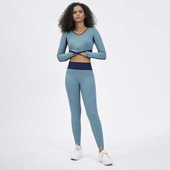 Push Up Leggings+Tshirt Women Yoga Two Piece Set Fitness Gym Crop Top С дълъг ръкав Спортно облекло Анцуг с висока талия Облекло