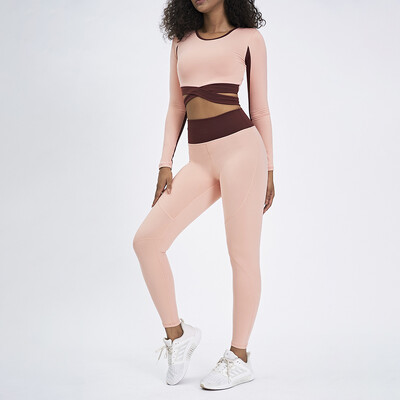 Push Up Leggings+T πουκάμισο Γυναικεία Yoga Σετ δύο τεμαχίων Fitness Gym μακρυμάνικο Crop Top Αθλητικά ρούχα ψηλόμεση αθλητική φόρμα