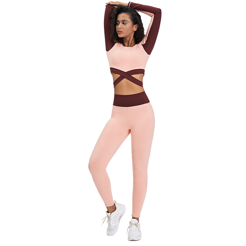 Push Up Leggings+T πουκάμισο Γυναικεία Yoga Σετ δύο τεμαχίων Fitness Gym μακρυμάνικο Crop Top Αθλητικά ρούχα ψηλόμεση αθλητική φόρμα