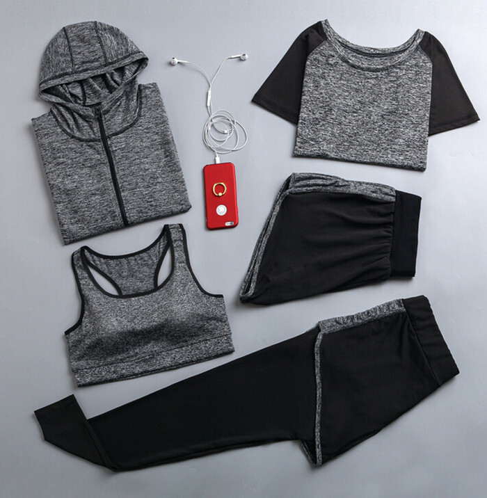 Καυτές εκπτώσεις γυναικεία σετ γιόγκα γρήγορου στεγνώματος σακάκι γιόγκα+μπλουζάκι+σουτιέν+σορτς+παντελόνι γυμναστήριο ρούχα γυμναστικής γυναικεία αθλητικά απαλά σετ για τρέξιμο