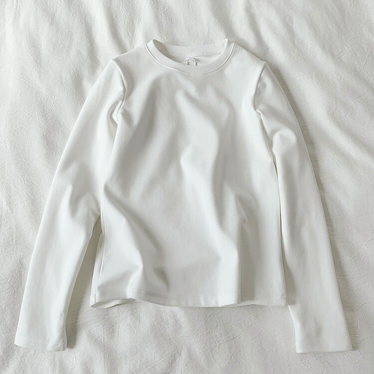Ζεστό βελούδινο πινέλο, απαλό, φιλικό προς το δέρμα, γυναικείο πουκάμισο με στρογγυλή λαιμόκοψη, λεπτό φθινοπωρινό και χειμερινό μακρυμάνικο λευκό μπλουζάκι