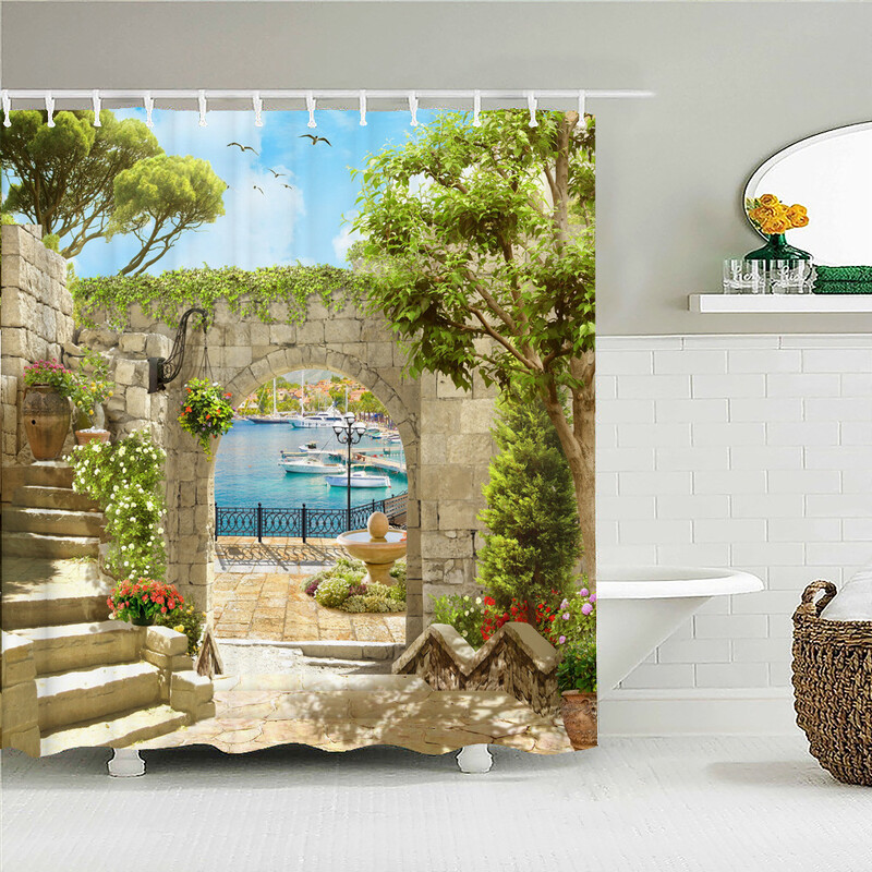 Prekogranična europska pastoralna vrtna ulična zgrada 3D ispis Poliesterska zavjesa za tuširanje Vodootporna i otporna na plijesan Pregradna zavjesa za kupaonicu