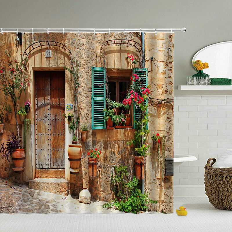 Prekogranična europska pastoralna vrtna ulična zgrada 3D ispis Poliesterska zavjesa za tuširanje Vodootporna i otporna na plijesan Pregradna zavjesa za kupaonicu