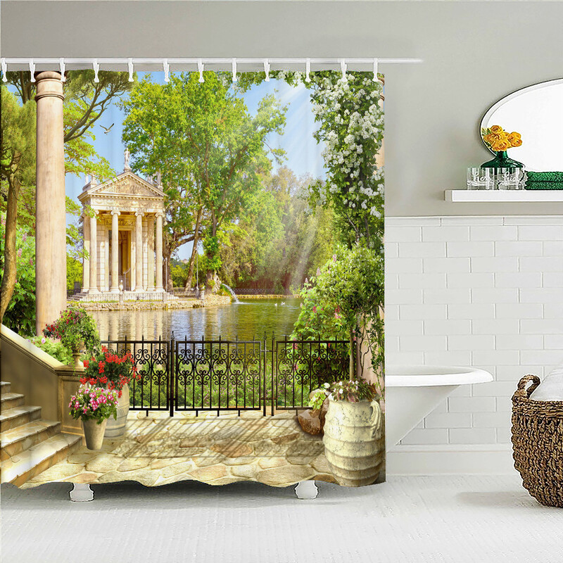 Prekogranična europska pastoralna vrtna ulična zgrada 3D ispis Poliesterska zavjesa za tuširanje Vodootporna i otporna na plijesan Pregradna zavjesa za kupaonicu