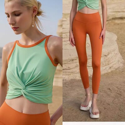 Χρώματα αντίθεσης Yoga Σετ Yoga Crop Tops Γιλέκο με Επιθέματα & Ψηλή Μέση Ελαστικό Κολάν Γυναικεία Γυμναστική Γυμναστική Ρούχα Γυναικεία ρούχα