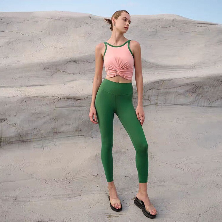 Χρώματα αντίθεσης Yoga Σετ Yoga Crop Tops Γιλέκο με Επιθέματα & Ψηλή Μέση Ελαστικό Κολάν Γυναικεία Γυμναστική Γυμναστική Ρούχα Γυναικεία ρούχα