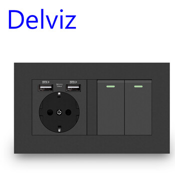 Delviz EU Standard Switch Outlet, Light Switch 16A, 2 Gang 1 Way / 2 Way, Λευκό Πάνελ διπλού πλαισίου, Ενσωματωμένη πρίζα USB στον τοίχο