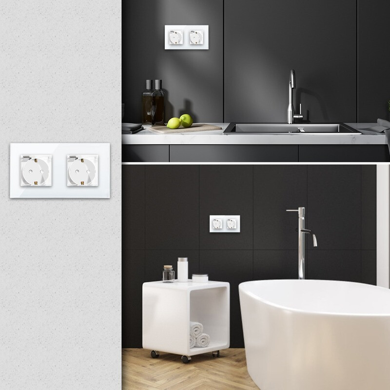 Bingoelec Zidna utičnica 16A Dvostruka vodootporna utičnica Električna bijela kristalna ploča Električne utičnice 110V - 250V EU standard