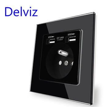 Delviz France Standard Outlet, закален стъклен панел, 5V 2100mA двоен USB защитен интерфейс за зареждане, 16A стенен захранващ USB контакт