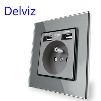 Delviz France Standard Outlet, закален стъклен панел, 5V 2100mA двоен USB защитен интерфейс за зареждане, 16A стенен захранващ USB контакт