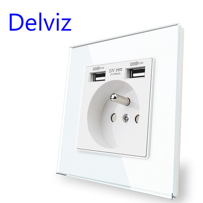 Delviz France Standard Outlet, закален стъклен панел, 5V 2100mA двоен USB защитен интерфейс за зареждане, 16A стенен захранващ USB контакт