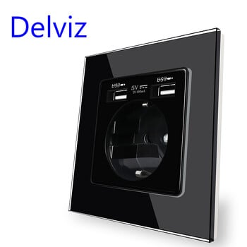 Delviz EU стандартен USB контакт, 5V 2A двоен USB интерфейс за зареждане, вграден в стената 16A захранващ контакт, панел от закалено кристално стъкло