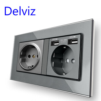 Delviz Tempered Glass Socket, EU Standard Socket, 146mm x 86mm Crystal panel, 2A Dual USB Charging Port, 16A Power Wall USB Socket