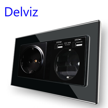 Delviz Tempered Glass Socket, EU Standard Socket, 146mm x 86mm Crystal panel, 2A Dual USB Charging Port, 16A Power Wall USB Socket