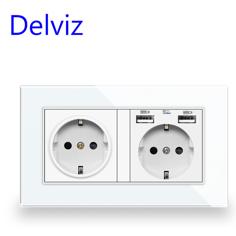 Delvizova utičnica od kaljenog stakla, EU standardna utičnica, 146 mm x 86 mm kristalna ploča, 2 A Dual USB priključak za punjenje, 16 A Power Wall USB utičnica