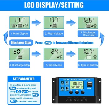 Ελεγκτής ηλιακής φόρτισης 12V/24V PWM 10A 30A με ρυθμιζόμενη ρύθμιση χρονοδιακόπτη οθόνης LCD