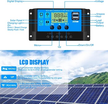 Ελεγκτής ηλιακής φόρτισης 12V/24V PWM 10A 30A με ρυθμιζόμενη ρύθμιση χρονοδιακόπτη οθόνης LCD