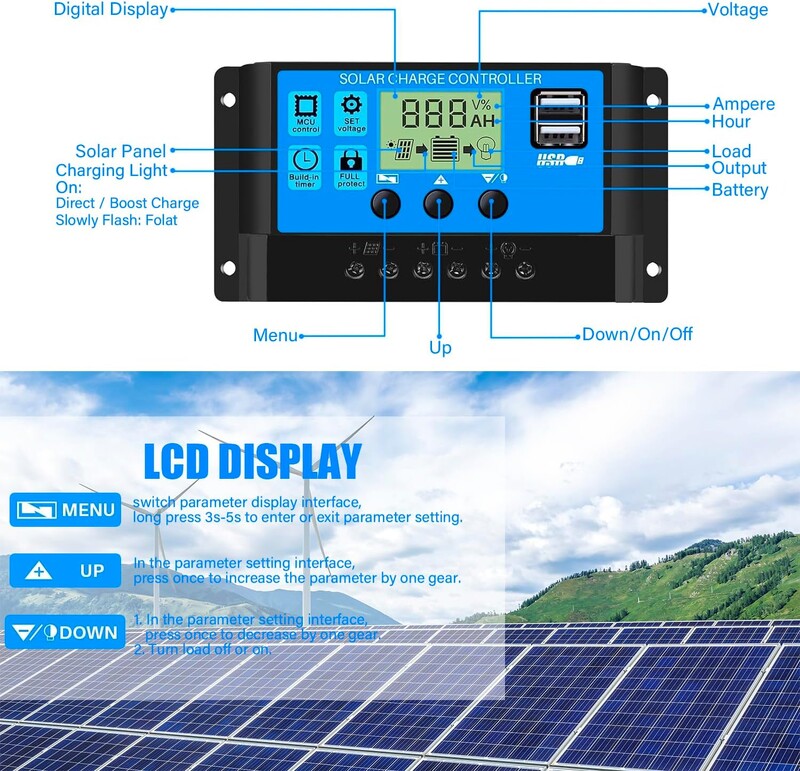 Päikeseenergia laadimiskontroller 12V/24V PWM 10A 30A reguleeritava LCD-ekraani taimeri seadistusega