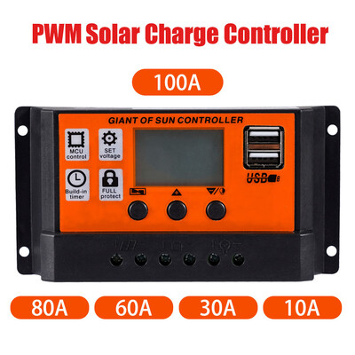 100A/80A/60A/30A/10A PWN automaatne päikeseenergia laadimise kontroller LCD-ekraan, kahekordne USB-väljund, 5 V päikesepaneeli aku laadimise regulaator