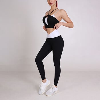 Push Up Leggings+Sexy Sutien Women Yoga Two Piece Set Patchwork Workout Running Sportssuit Clothing High Waist Chandals Mujer