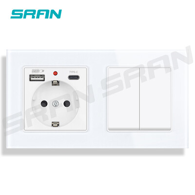 SRAN EU utičnica s USB punjenjem type-c 5V 2A Prekidač svjetla s gumbom 2-struke 1/2-krake staklene utičnice Standardno uzemljenje