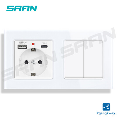 SRAN EU utičnica s USB punjenjem type-c 5V 2A Prekidač svjetla s gumbom 2-struke 1/2-krake staklene utičnice Standardno uzemljenje