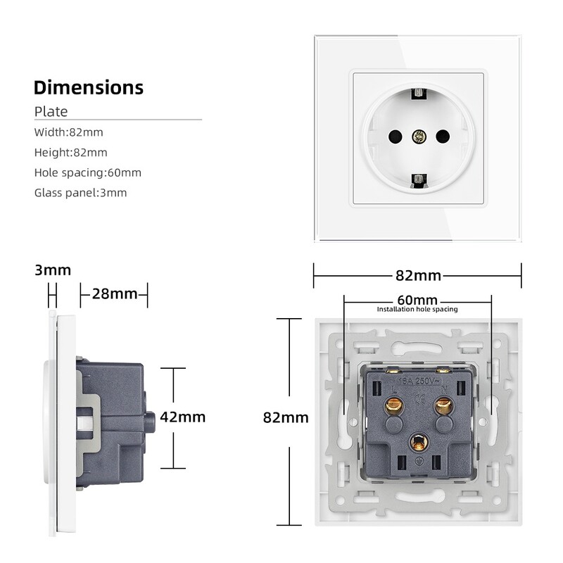 SRAN EU RU Zidna električna utičnica 16A 220V 82*82mm Utičnica od kaljenog stakla Kućna oprema bijela/crna