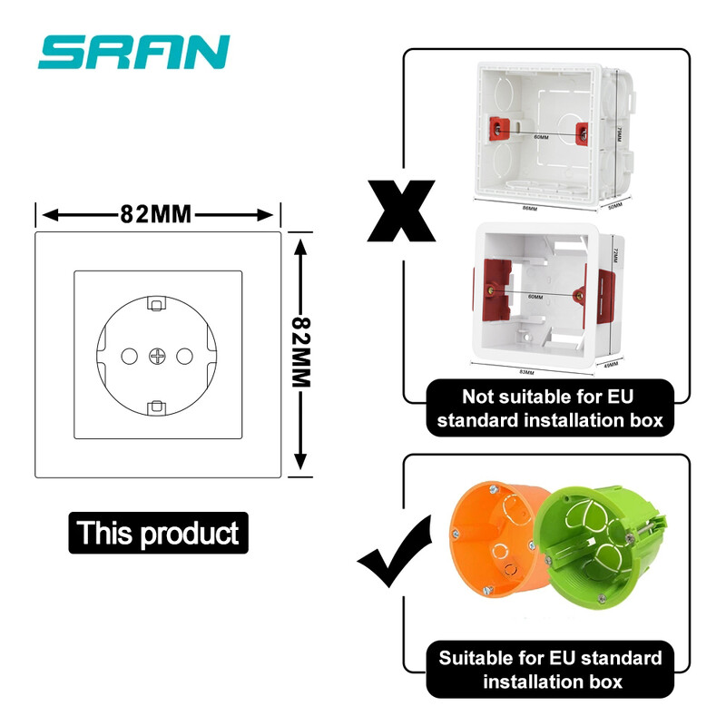 SRAN EU RU Zidna električna utičnica 16A 220V 82*82mm Utičnica od kaljenog stakla Kućna oprema bijela/crna