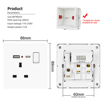 Тип-c USB щепсел Обединеното кралство, 5V 2.1A USB порт за зарядно устройство, вграден в стената 13A USB контакт с превключвател AC 110V~250V