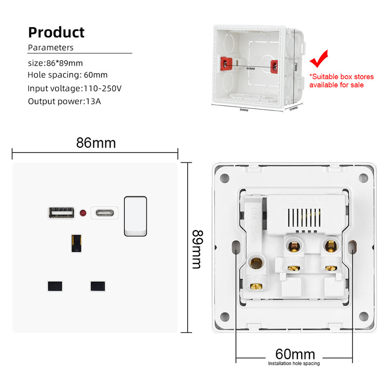 Type-c USB utikač UK Standard, 5V 2.1A USB priključak za punjač, zidna 13A USB utičnica s prekidačem AC 110V~250V