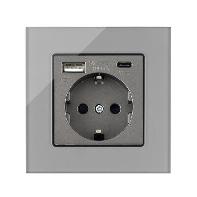 Zidne EU utičnice, utičnica za brzo punjenje tipa C, plastična/staklena ploča, 5 V 2,1 A dvostruki USB priključci EU električne utičnice, utičnice