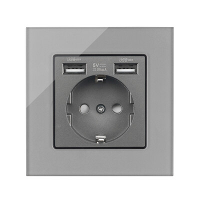 Zidne EU utičnice, utičnica za brzo punjenje tipa C, plastična/staklena ploča, 5 V 2,1 A dvostruki USB priključci EU električne utičnice, utičnice