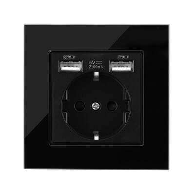 Zidne EU utičnice, utičnica za brzo punjenje tipa C, plastična/staklena ploča, 5 V 2,1 A dvostruki USB priključci EU električne utičnice, utičnice