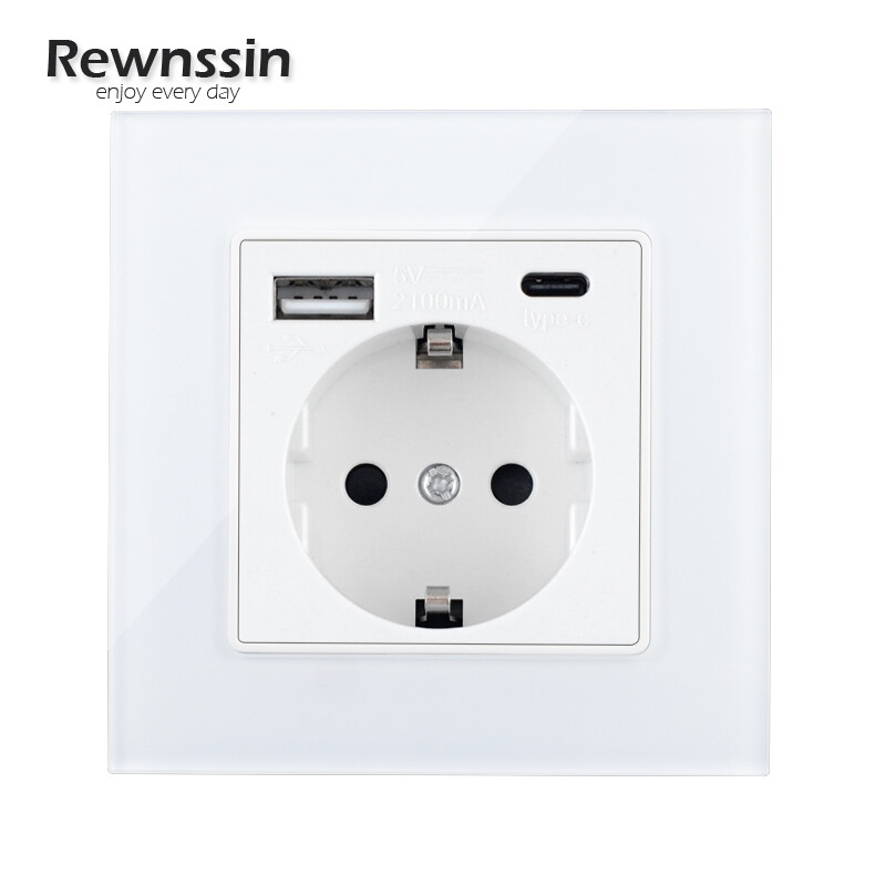 Zidne EU utičnice, utičnica za brzo punjenje tipa C, plastična/staklena ploča, 5 V 2,1 A dvostruki USB priključci EU električne utičnice, utičnice