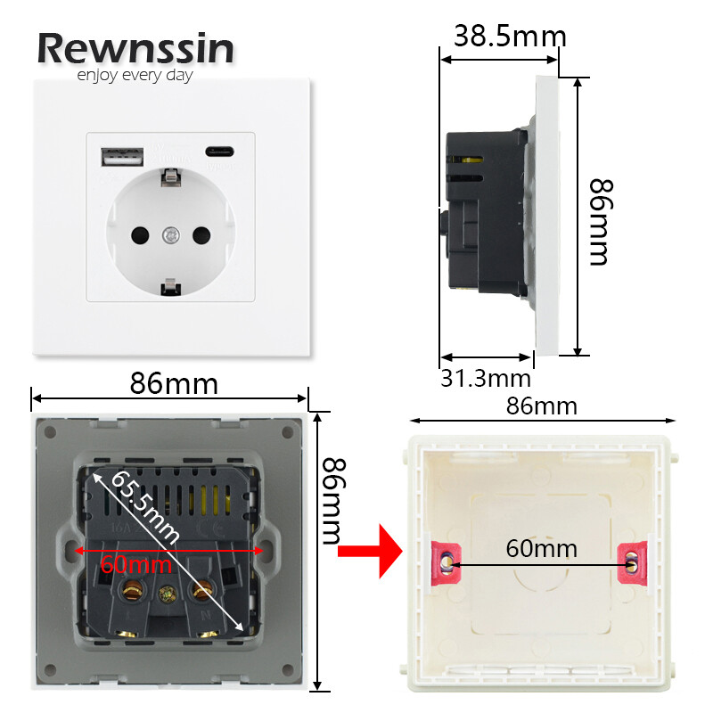 Zidne EU utičnice, utičnica za brzo punjenje tipa C, plastična/staklena ploča, 5 V 2,1 A dvostruki USB priključci EU električne utičnice, utičnice