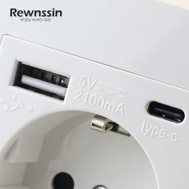 Zidne EU utičnice, utičnica za brzo punjenje tipa C, plastična/staklena ploča, 5 V 2,1 A dvostruki USB priključci EU električne utičnice, utičnice