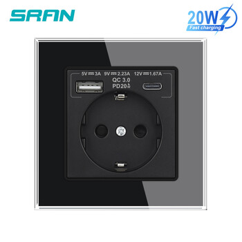 SRAN EU Standard Socket Usb Fast Charging Max.20W, 16A 250V EU ES RU Επιτοίχια ηλεκτρική πρίζα 82*82mm Πίνακας κρυστάλλου γυαλιού